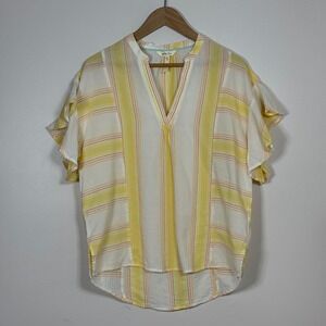 Matilda Jane Womens Blouse Top XS Yellow Stripe Ruffle Sleeve Boxy Fit Casual